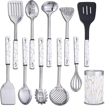 Stainless Steel Kitchen Utensil Set - 11 Cooking Utensils - Nonstick Kitchen Utensils Cookware Set White…