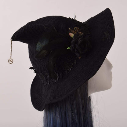 Women Felt Wool Witch Hat Knitted Cap Halloween Wizard Cap Mardi Gras Hat Headwear