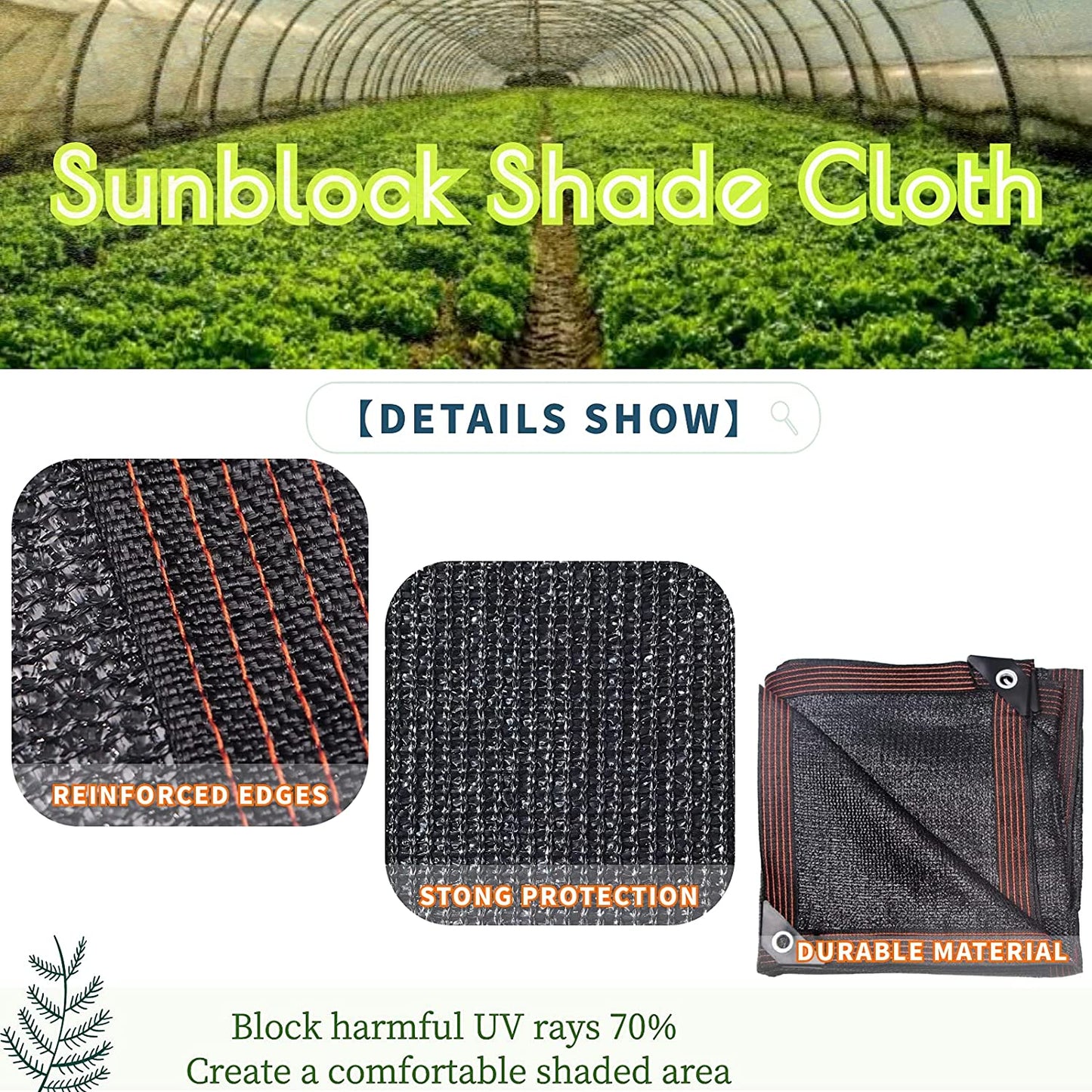 Sunblock Shade Cloth 70% Shade Net Greenhouse Covers 10Ft X 10Ft Fabric Mesh Tarp Sunshade Sunscreen UV Resistant Netting with Grommets for Garden Patio Lawn Plant Parking Yard or Kennel
