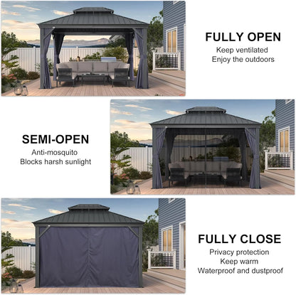 10' X 12' Hardtop Gazebo Aluminum Gazebo with Galvanized Steel Double Roof for Backyard Patio Lawn and Garden, Curtains and Netting Included, Navy Blue