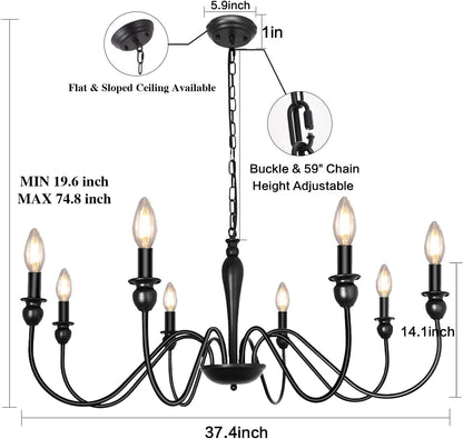 Black Farmhouse Chandeliers for Dining Room Light Fixture, Rustic Metal Traditional Candle Chandelier for Bedroom Kitchen Living Room Entryway Foyer Farmhouse Light Fixtures Ceiling Hanging