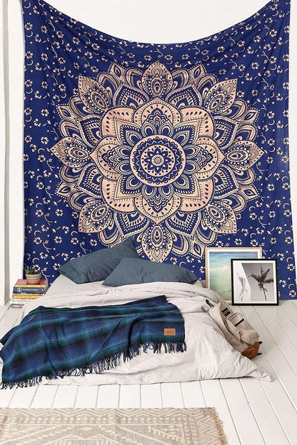 Rajsee Blue Gold Mandala Tapestry - Bedroom Aesthetic - Indie Boho Trippy Large Wall Hanging - 82X92 Inches