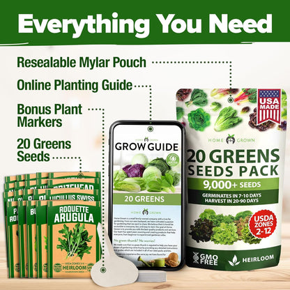 9,000+ Lettuce Seeds – 20 Heirloom Varieties, 𝗡𝗢𝗡-𝗚𝗠𝗢 𝗨𝗦𝗔 – Kale, Spinach, Romaine, Butterhead & More – Indoor or Outdoor Planting, Hydroponic-Ready, High Germination Greens