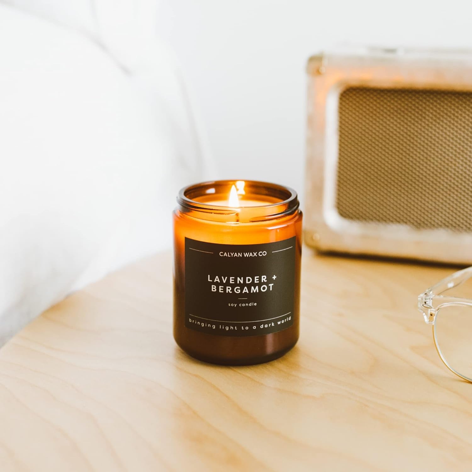Soy Wax Candle, Lavender + Bergamot Scented Candle, 57 Hour Burn Time, Aromatherapy Soy Candles, Non Toxic & Vegan Soy Wax, Amber Glass Jar Scented Candles, 7.2Oz