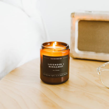 Soy Wax Candle, Lavender + Bergamot Scented Candle, 57 Hour Burn Time, Aromatherapy Soy Candles, Non Toxic & Vegan Soy Wax, Amber Glass Jar Scented Candles, 7.2Oz