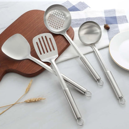 4 Pcs Cooking Utensils Set, 304 Stainless Steel Kitchen Utensils, Include Wok Ladle, Slotted Spoon, Wok Spatula and Slotted Spatula, Dishwasher Safe