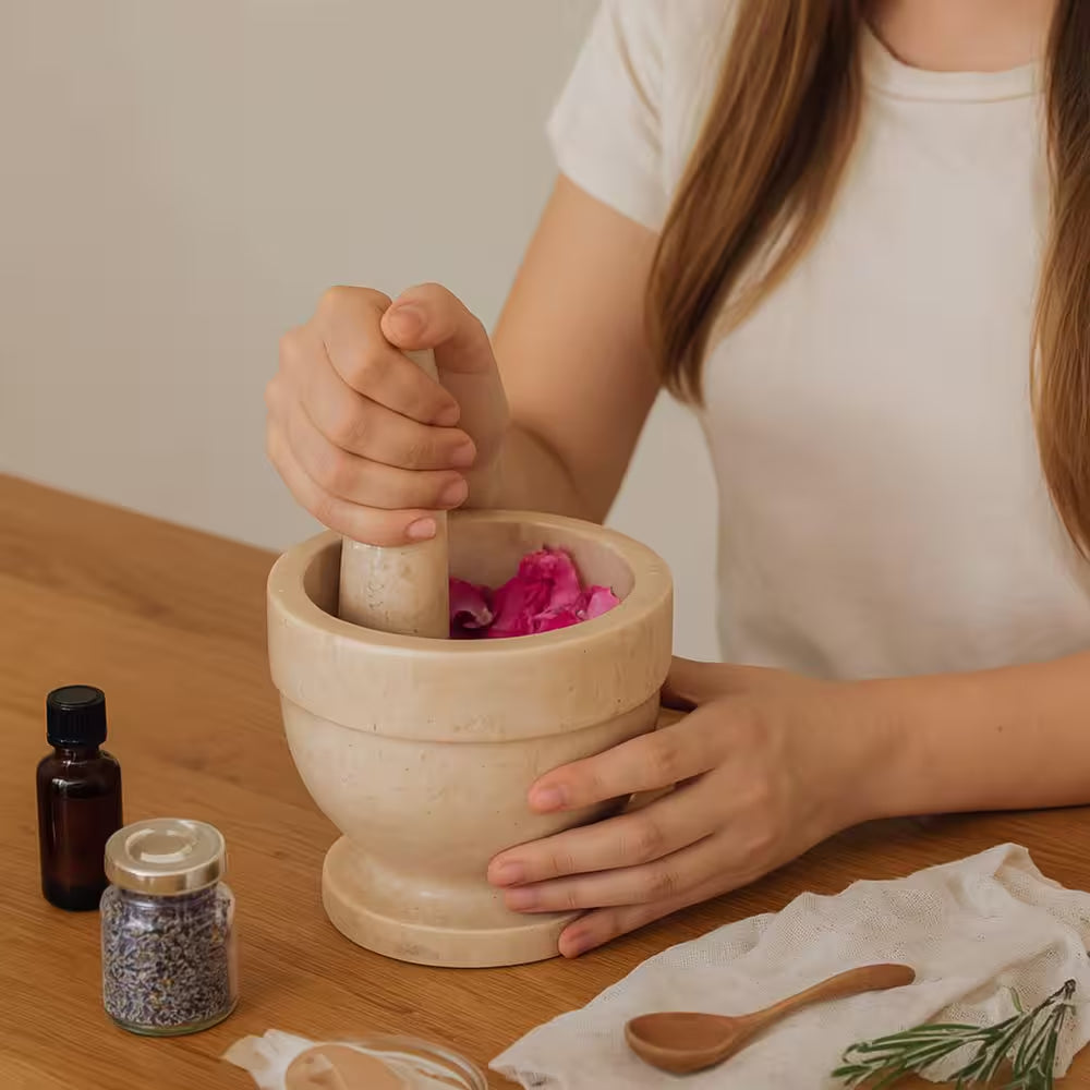 5.9 In. Dia X 5.9 In. H Natural Champagne Marble Mortar and Pestle Set with Spice Grinder
