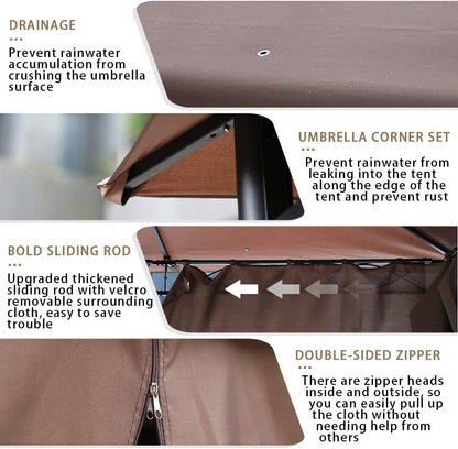 10'X13' Outdoor Patio Gazebo Heavy Duty Steel Frame Canopy with Double Roof, Privacy Curtains, for Garden, Backyard, and Lawn (Brown)