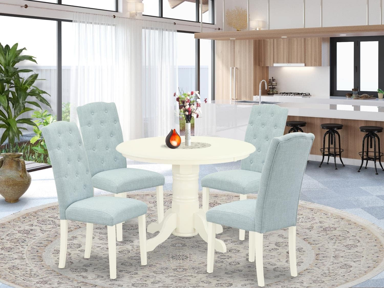 SHCE5-WHI-15 5 Piece Dining Room Furniture Set Includes a round Kitchen Table with Pedestal and 4 Baby Blue Linen Fabric Upholstered Chairs, 42X42 Inch, Linen White
