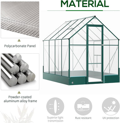 8' X 6' Greenhouse for Outdoors, Polycarbonate Greenhouse with Roof Vent and Rain Gutter, Aluminum Walk-In Green House for outside for Patio Backyard Garden, Green