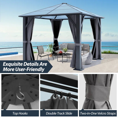 Steel Patio Gazebo - Polycarbonate Hardtop Gazebo with Curtains & Netting
