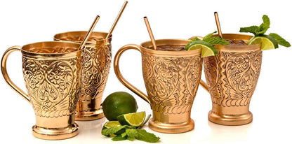 Moscow Mule Pure Copper Mugs - Embossed Set with 4 Matching Shot Glasses - Copper Straws for Cocktails & Recipe E-Book Exclusive Set of 4
