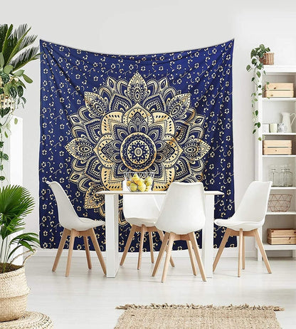 Rajsee Blue Gold Mandala Tapestry - Bedroom Aesthetic - Indie Boho Trippy Large Wall Hanging - 82X92 Inches