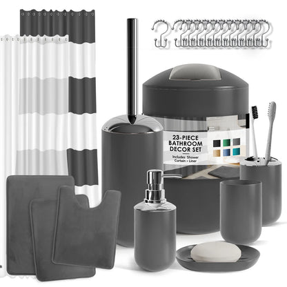 23 Piece Bathroom Accessory Gift Set, Bathroom Shower Curtain Set, and Bath Rug Set, Gray