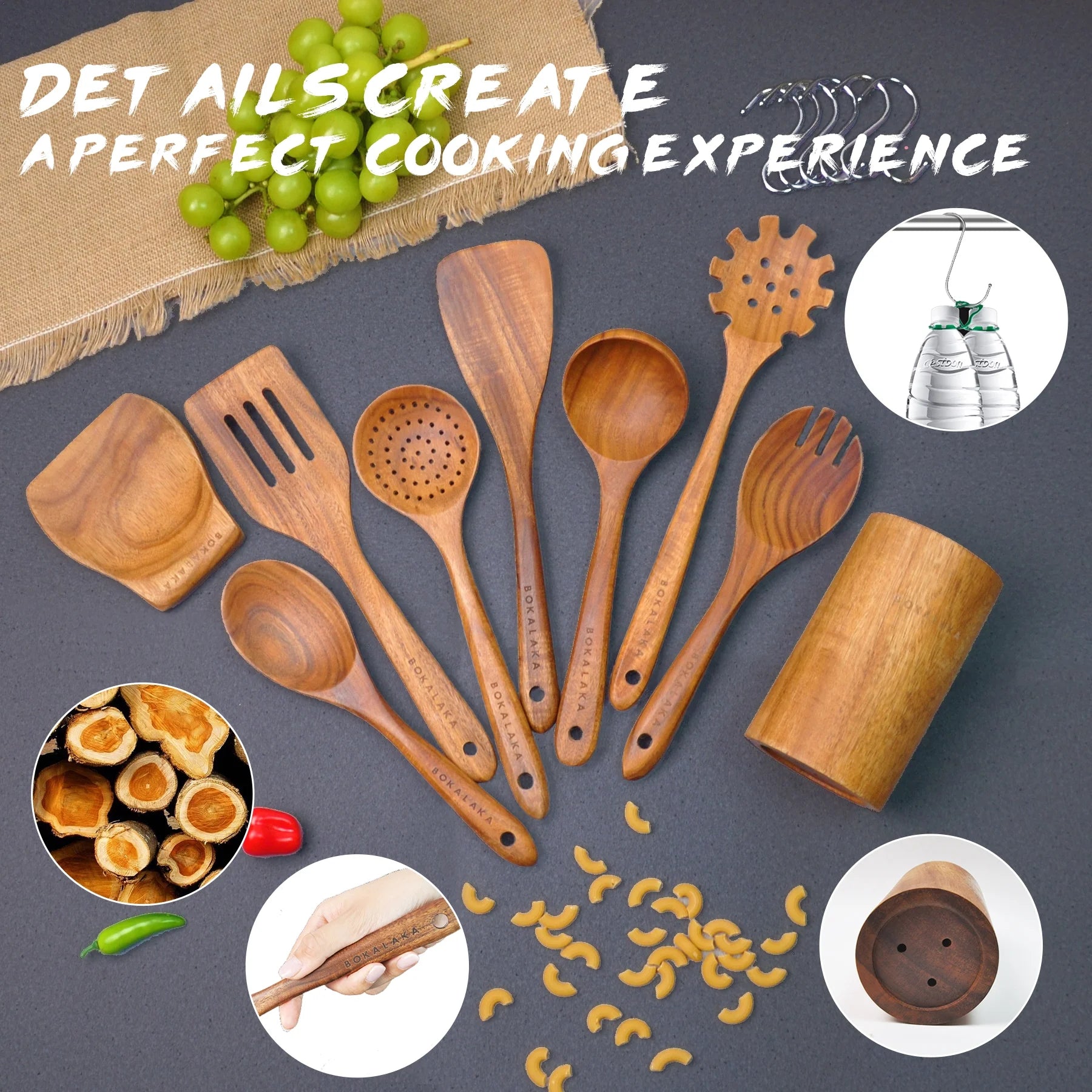 ​9-Piece Wooden Spoons for Cooking-Comfort-Grip Wooden Utensils for Cooking-Smooth Finish Wooden Cooking Utensils with Utensils Holder-Wooden Kitchen Utensil Set with Spoon Rest & Hooks