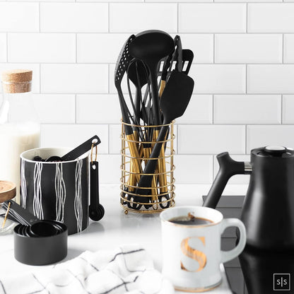 Black and Gold Kitchen Utensils Set with Stainless Steel Holder – 18-Piece Nylon Cooking Utensils with Measuring Cups and Spoons – Stylish Gold Kitchen Accessories for Baking and Cooking