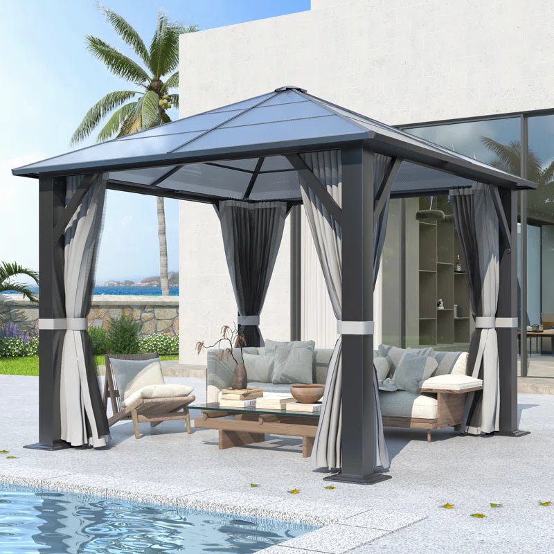 Steel Patio Gazebo - Polycarbonate Hardtop Gazebo with Curtains & Netting