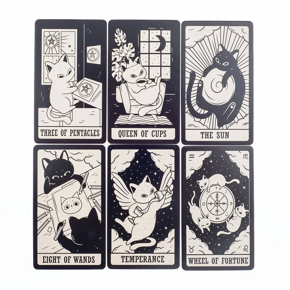 Kitten Tarot Deck 78Pcs Cute Black and White for Beginners Version Mysterious Board Game Fun Fortune Telling Kit