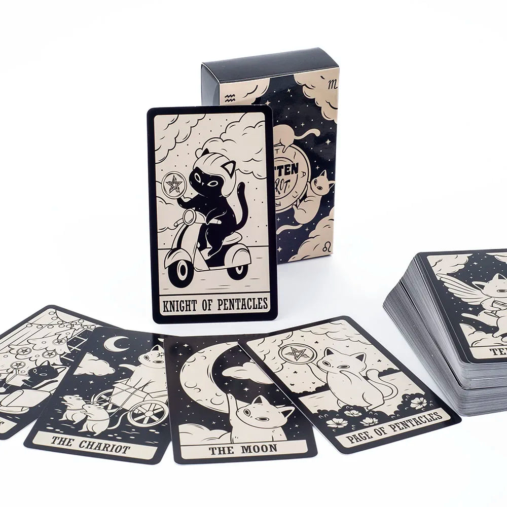 Kitten Tarot Deck 78Pcs Cute Black and White for Beginners Version Mysterious Board Game Fun Fortune Telling Kit