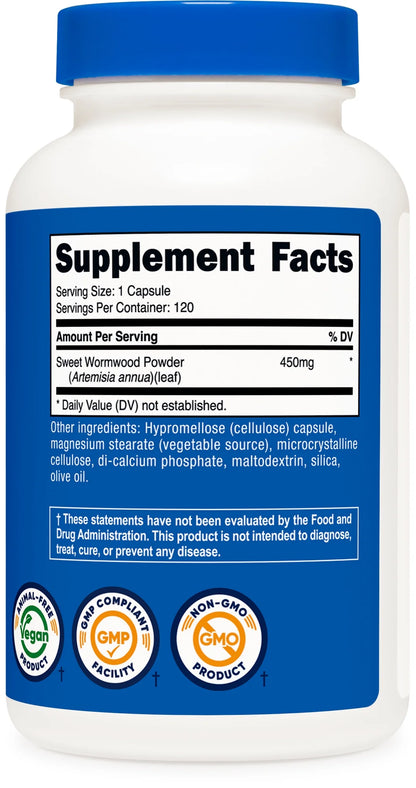 Wormwood Capsules 450Mg 120 Capsules - Gluten Free and Non-Gmo Supplement