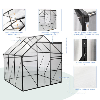 Walk in Greenhouse, Garden Greenhouse for Outdoors, Polycarbonate Plant Greenhouse with Slide Door, Anchor and Adjustable Roof Vent, 6X6Ft