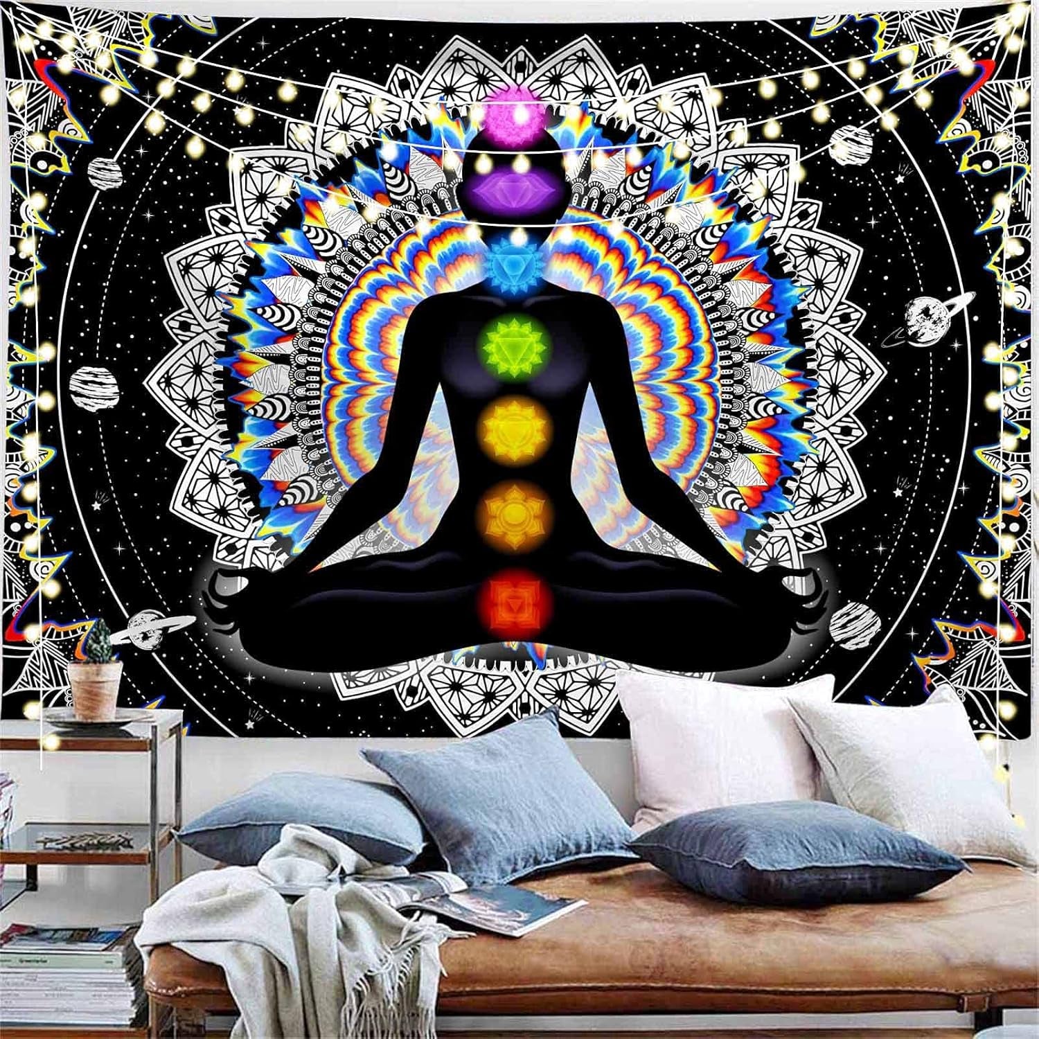 Seven Chakra Tapestry Mandala Tapestry Trippy Black and White Tapestry Celestial Space Tapestry Boho Yoga Meditation Wall Hanging Tapestry for Bedroom Home Decor (H51.2 X W59.1)