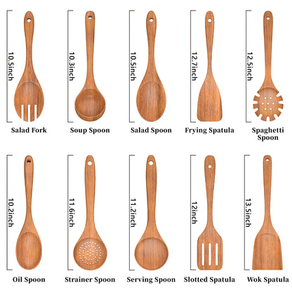 Wooden Spoons for Cooking, 10 PCS Teak Wood Cooking Utensil Set, Wooden Kitchen Utensils for Nonstick Pans & Cookware, Spoons and Spatula Set, Sturdy, Lightweight & Heat Resistant