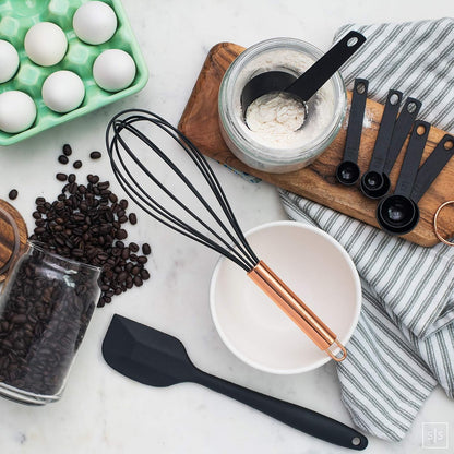 Black and Copper Cooking Utensils with Stainless Steel Copper Utensil Holder - 18-Piece Nylon Kitchen Utensils Set with Holder Includes Black & Copper Measuring Spoons, Black & Copper Measuring Cups