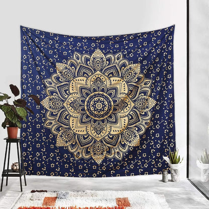 Rajsee Blue Gold Mandala Tapestry - Bedroom Aesthetic - Indie Boho Trippy Large Wall Hanging - 82X92 Inches