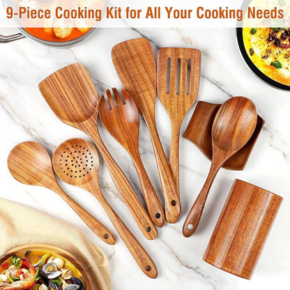 Wooden Spoons for Cooking with Wide Utensil Heads, 9 PCS Teak Wooden Utensils Set for Cooking, Spatula,Turner, Wood Spoon Set for Kitchen Essentials, Non-Stick Cookware, Heat Resistant