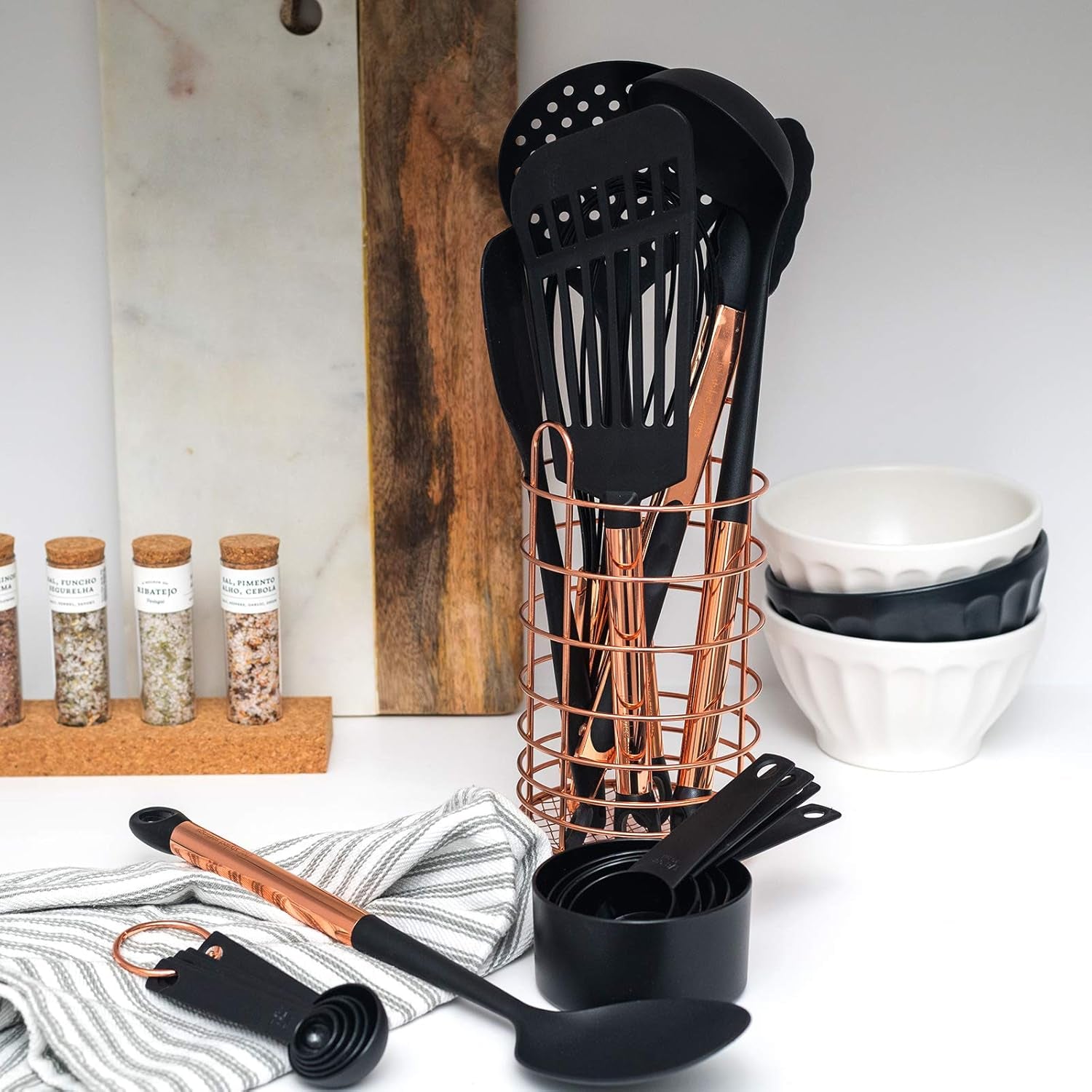 Black and Copper Cooking Utensils with Stainless Steel Copper Utensil Holder - 18-Piece Nylon Kitchen Utensils Set with Holder Includes Black & Copper Measuring Spoons, Black & Copper Measuring Cups