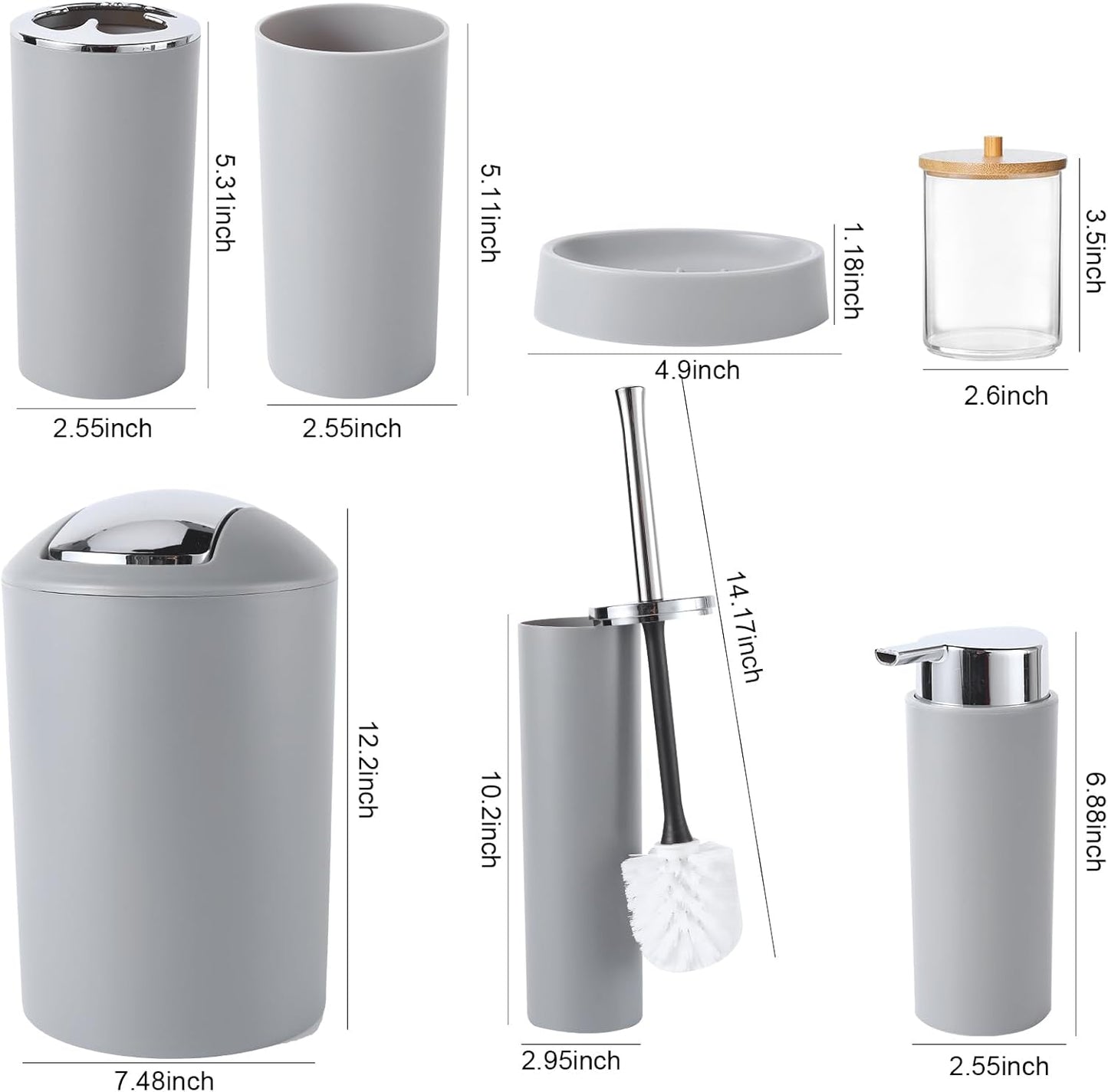 Bathroom Accessories Set Grey Bathroom Set with Trash Can, Toothbrush Holder Soap Dispenser Soap and Lotion Set Tumbler Cup Qtip Holder