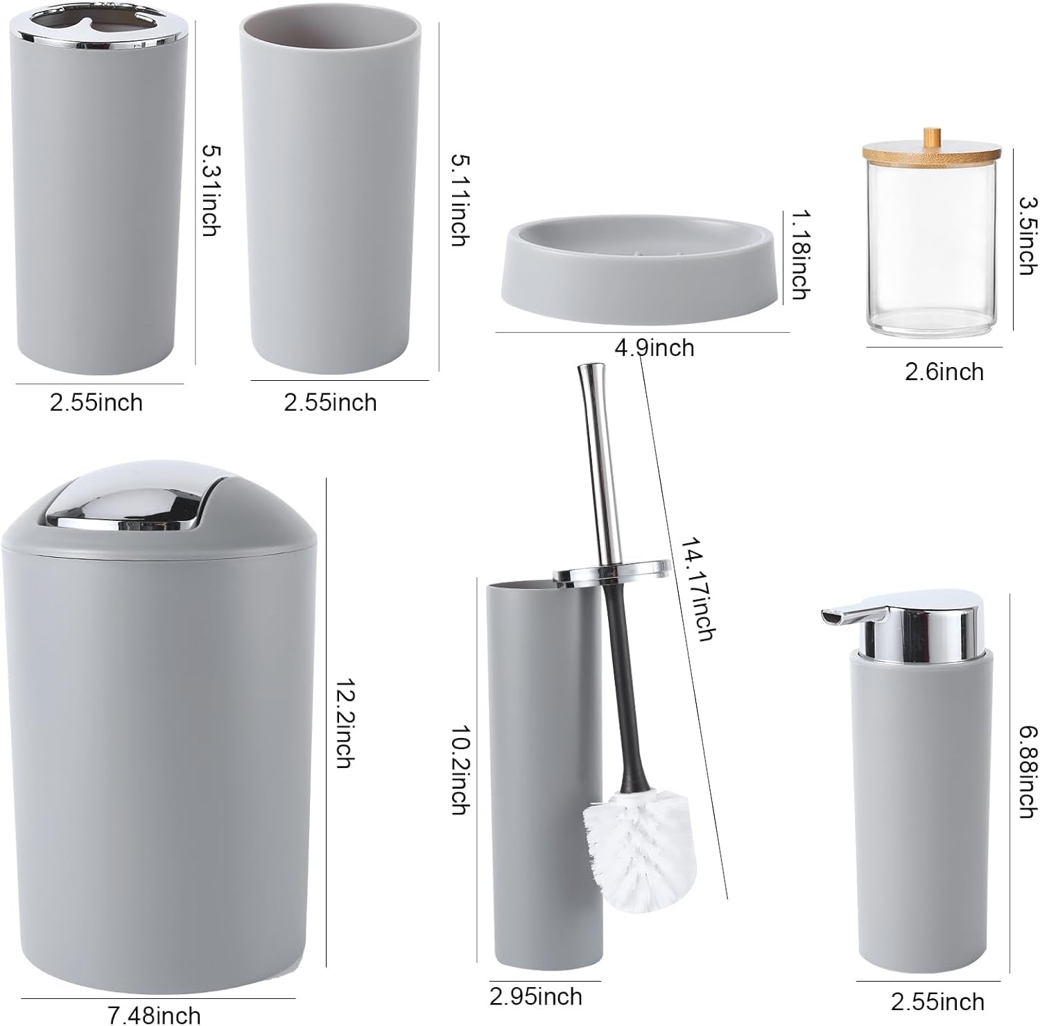 Bathroom Accessories Set Grey Bathroom Set with Trash Can, Toothbrush Holder Soap Dispenser Soap and Lotion Set Tumbler Cup Qtip Holder