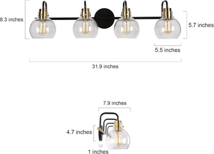 Bathroom Light Fixtures, 4-Light Black Gold Vanity Light, Vintage Farmhouse Bathroom Lights over Mirror (L 32" X W 8" X H 8") Black Vanity Light