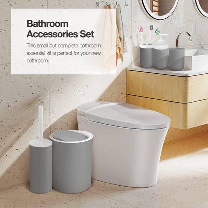 7 Pcs Bathroom Accessories Sets, Plastic Gift Set Includes Toothbrush Cup, Toothbrush Holder, Soap Dispenser, Soap Dish, Toilet Brush with Holder, Trash Can, with 3 Pcs Toothbrushes (Grey)
