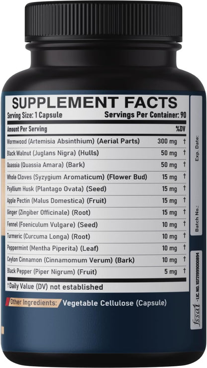 12In1 Wormwood Black Walnut Clove Capsules - Digestive, Immune, and Mood Support