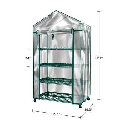 4 Tier Mini Greenhouse - Portable Greenhouse with Locking Wheels and PVC Cover for Indoor or Outdoor - 27 X 19 X 63-Inch Green House by