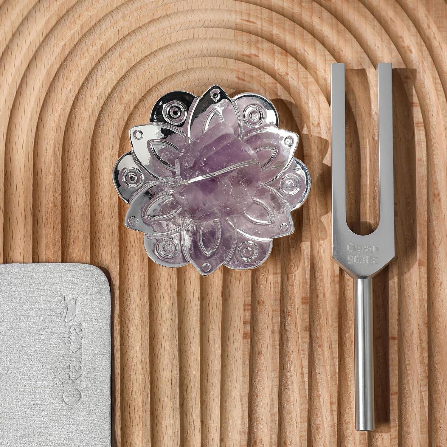 Solfeggio Frequencies Tuning Fork with Crystal Kit,Solfeggio Energy Tuners,963Hz Crown Chakra,Natural Amethyst,Meditation Gifts for Women,Shiny Silver