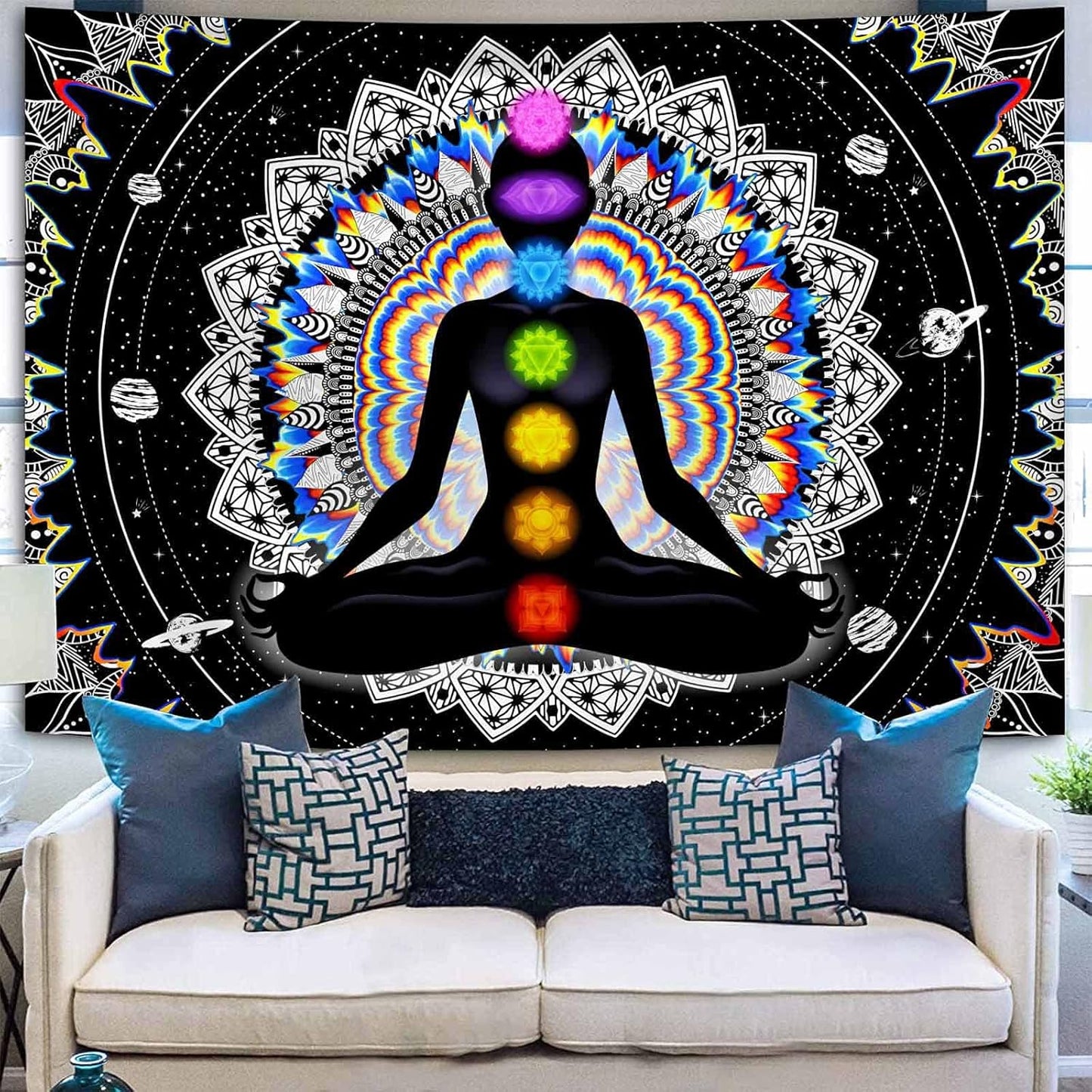 Seven Chakra Tapestry Mandala Tapestry Trippy Black and White Tapestry Celestial Space Tapestry Boho Yoga Meditation Wall Hanging Tapestry for Bedroom Home Decor (H51.2 X W59.1)