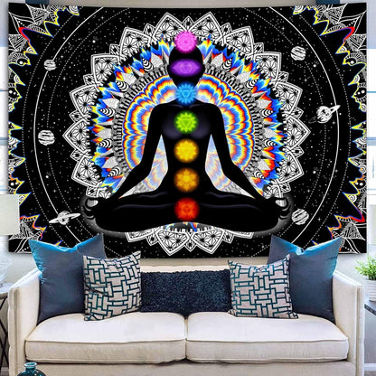 Seven Chakra Tapestry Mandala Tapestry Trippy Black and White Tapestry Celestial Space Tapestry Boho Yoga Meditation Wall Hanging Tapestry for Bedroom Home Decor (H51.2 X W59.1)