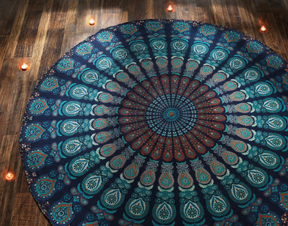 Peacock Hippie Tapestry Roundie 72 Inch Decorative Trippy Tapestries Bohemian Boho Bedding Indian Handmade Pure Cotton Sheet - Blue round Mandala Beach Towel