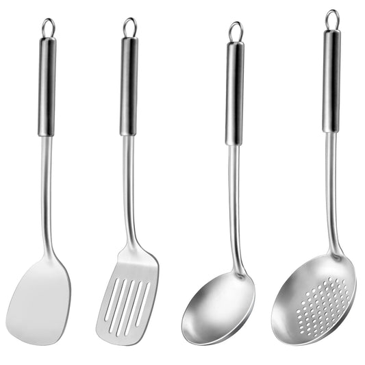 4 Pcs Cooking Utensils Set, 304 Stainless Steel Kitchen Utensils, Include Wok Ladle, Slotted Spoon, Wok Spatula and Slotted Spatula, Dishwasher Safe
