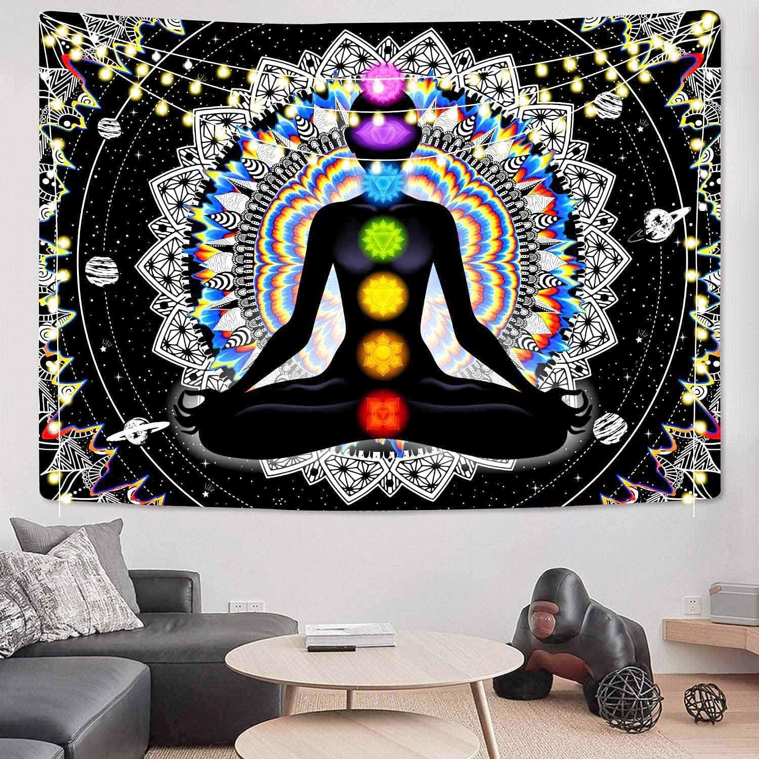 Seven Chakra Tapestry Mandala Tapestry Trippy Black and White Tapestry Celestial Space Tapestry Boho Yoga Meditation Wall Hanging Tapestry for Bedroom Home Decor (H51.2 X W59.1)