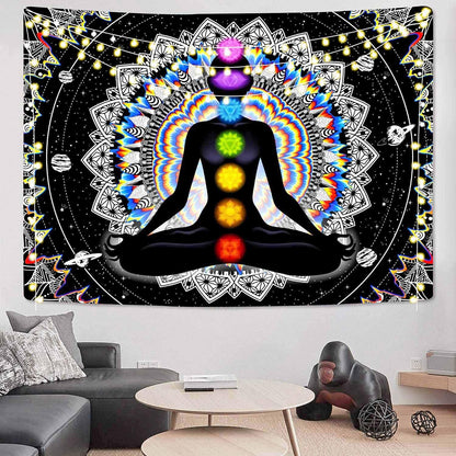Seven Chakra Tapestry Mandala Tapestry Trippy Black and White Tapestry Celestial Space Tapestry Boho Yoga Meditation Wall Hanging Tapestry for Bedroom Home Decor (H51.2 X W59.1)