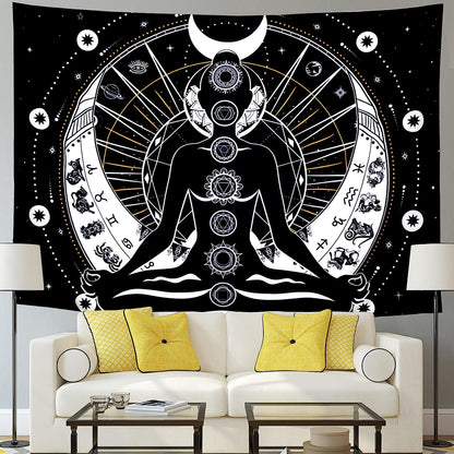 Chakra Tapestry Black and White Sun Moon Tapestry Psychedelic Meditation Yoga Tapestry Mystic Constellation and Stars Tapestry Wall Hanging for Living Room
