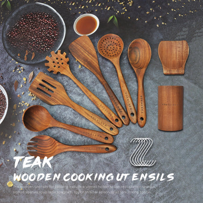 ​9-Piece Wooden Spoons for Cooking-Comfort-Grip Wooden Utensils for Cooking-Smooth Finish Wooden Cooking Utensils with Utensils Holder-Wooden Kitchen Utensil Set with Spoon Rest & Hooks