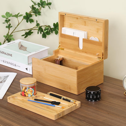 Large Wooden Box Bamboo Storage with Rolling Tray Container Airtight Jars