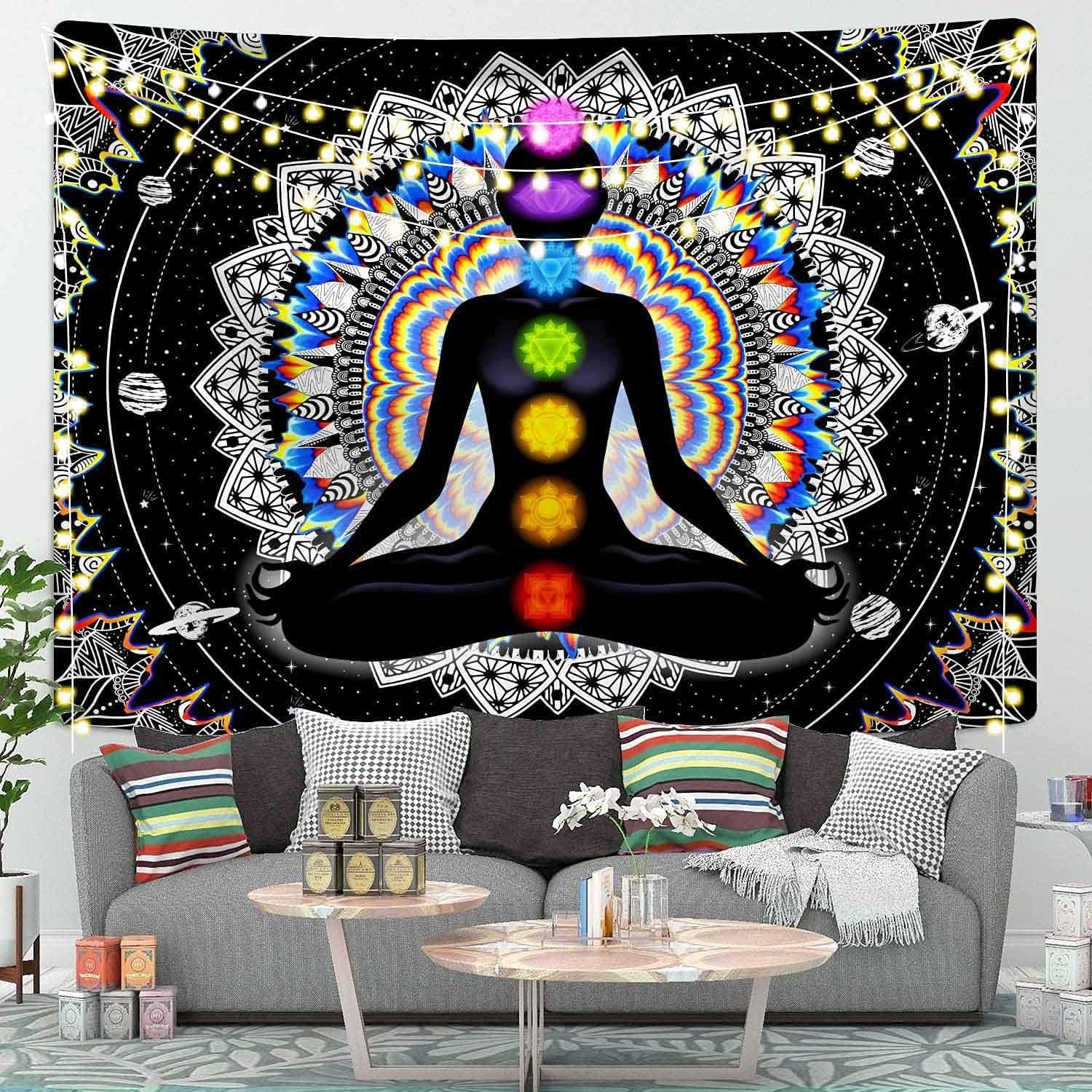 Seven Chakra Tapestry Mandala Tapestry Trippy Black and White Tapestry Celestial Space Tapestry Boho Yoga Meditation Wall Hanging Tapestry for Bedroom Home Decor (H51.2 X W59.1)