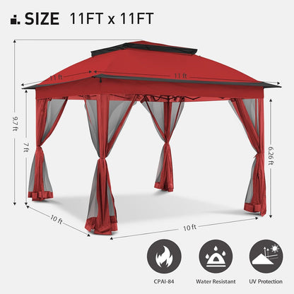 11'X11' Pop up Gazebo for Patios Gazebo Canopy Tent with Sidewalls Outdoor Gazebo with Mosquito Netting Pop up Canopy Shelter Wedding Tent (Red)