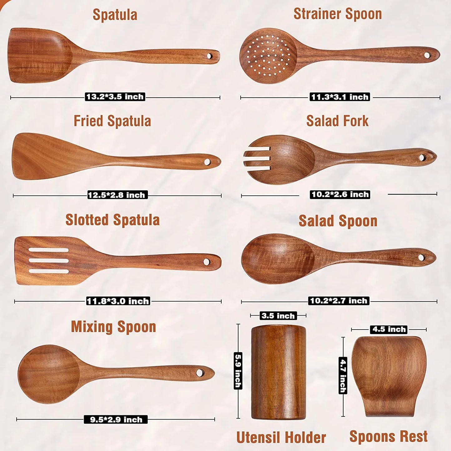 Wooden Spoons for Cooking with Wide Utensil Heads, 9 PCS Teak Wooden Utensils Set for Cooking, Spatula,Turner, Wood Spoon Set for Kitchen Essentials, Non-Stick Cookware, Heat Resistant